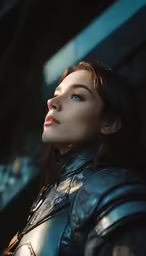 a woman in a suit with a sword and helmet