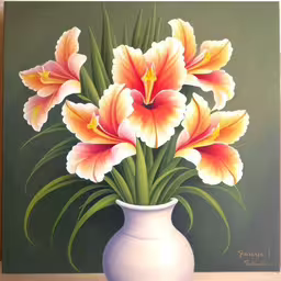 this is a painting of flowers in a vase,an oil painting with orange flowers in a white vase,this painting shows an orange and yellow flower in a white vase,this is a picture of flowers in a vase,a painting of a vase of flowers