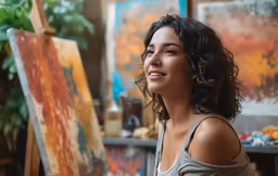 a woman sits in front of an easel holding a paintbrush and looking up
