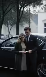 man and woman in business attire standing beside car