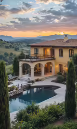 a beautiful house with pool and patio at sunset