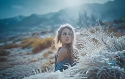 young woman standing amongst frosted bushes in mountains