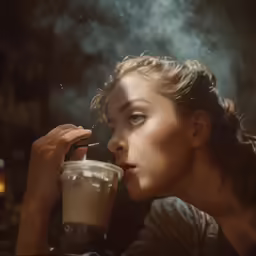 a woman is drinking from a cup with steam coming out of her mouth
