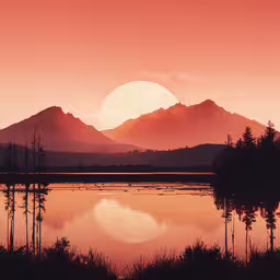a large lake sitting below a very tall mountain,the sun sets over a mountain range on a lake