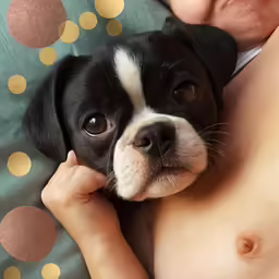 a man wearing a white shirt holding a black and white puppy