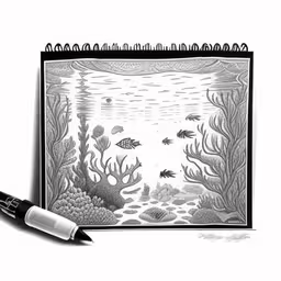 a pencil next to a black and white drawing of a underwater scene