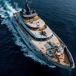an aerial view of the top deck and upper deck area of a yacht