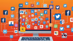 a computer screen is shown with social icons,an image of a computer with facebook icons floating out