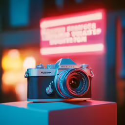a camera sits atop a box outside a theater