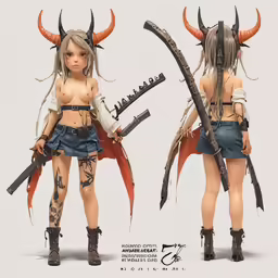 a rendering of a girl wearing an outfit with horns and swords