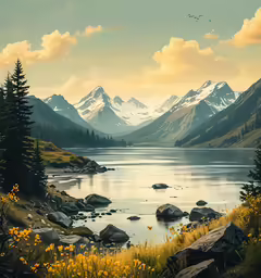 a painting of a landscape featuring mountains and water