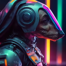 the robot dog with a colorful head is wearing a helmet