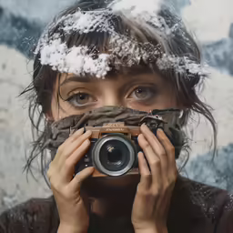 a woman holding a camera with snow in her hair