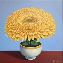 painting of yellow daisy in white vase against blue sky,a painting of a large flower in a vase