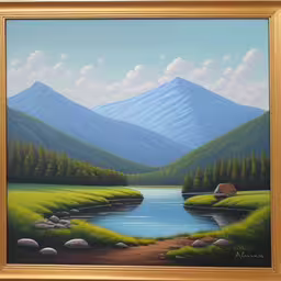a painting of mountains, lake, grass and house,painting of mountains and water near a cabin