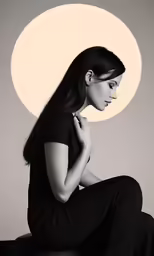 a woman sitting in front of a round object