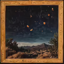 a painting of a night sky with many birds flying over it