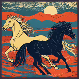two horses running through a beach in front of an orange sunset,an orange, blue and white horse runs near a sunlit mountain