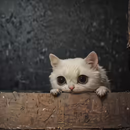 a small white cat is resting on the edge of a wooden window
