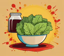 a plate with a bunch of green plants inside of it,some type of celery in a bowl with a glass bottle on the edge