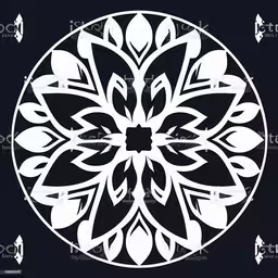 an abstract circular shape of white leaves on a black background,circular motif with leaves and swirls in white,a circular white ornament on a black background royalty illustration,a stylized flower on a black and white background royalty,white ornamental floral design in a circular format