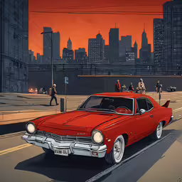 the artwork of james moore is a red pontiac car with people walking on the street,an old red car is in front of a big city