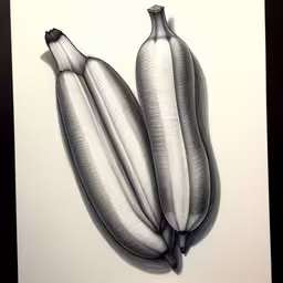 a drawing of three bananas on a white background,two bananas drawn with colored pencils sit on paper,a picture with three bananas on it sitting next to one another,a black and white drawing of three bananas,two bananas are drawn in pencil on a piece of paper