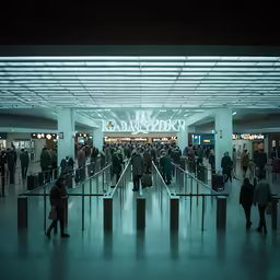 many people with luggage are at the gate to an airport