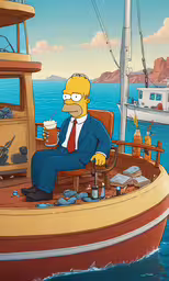 a cartoon character is on a boat with other ships in the water,simpsons sits in a boat and drinks a beer