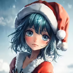 anime character with christmas hat, blue eyes and green hair
