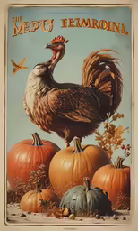 a painting of a turkey standing among pumpkins