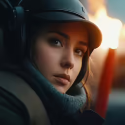 the girl is wearing a helmet and scarf