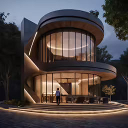 a man standing outside a very futuristic looking building