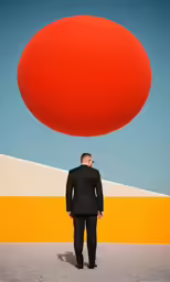 a man standing next to a large red ball