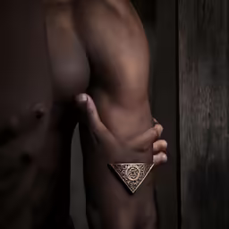 a shirtless man with his arms crossed is showing that he has an elaborate gold triangle cuff