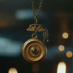 the pendant of a golden necklace hanging from a black necklace