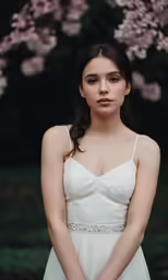 a beautiful woman standing next to a tree wearing a wedding dress
