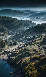 a valley with hills and water near by