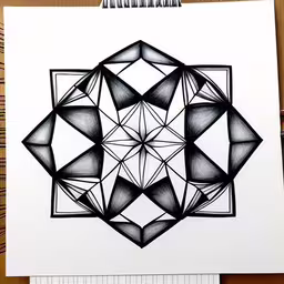 a drawing is shown of a hexagon,a drawing with pen that looks like a star,a drawing of a geometrical design in pencil,a black and white photo of the shape of a cube,a drawing on paper featuring black and white shapes