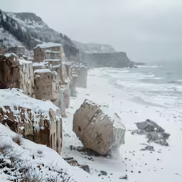 a beach covered in snow next to a body of water