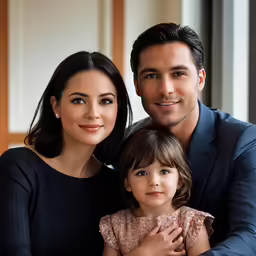 the young family is posing for a photograph together