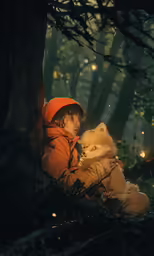 a little girl in the forest holding a dog