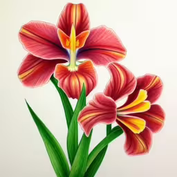 a close up of some colorful flowers on a white background,a painting of some red flowers with yellow stamens