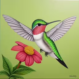an artistic painting of a hummingbird and a flower,a painting of a bird sitting on a pink flower,a hummingbird flying next to a pink flower,the painting has a colorful bird flying near a flower,there is a bird sitting on a flower