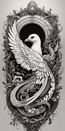 a white bird flying over a ornate frame,a bird with wings that are painted in a frame
