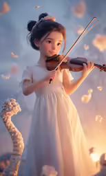 an art print featuring a little girl in a white dress playing violin