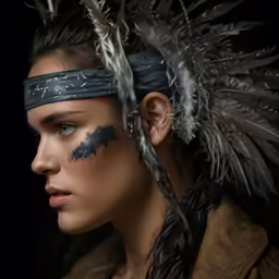 there is a woman with feathers on her head