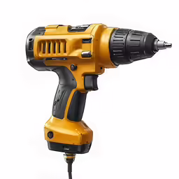 a yellow corded drill that is sitting on top of a black plastic box