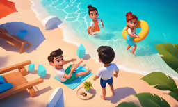 two children and one man are sitting at the beach while other people play with toys