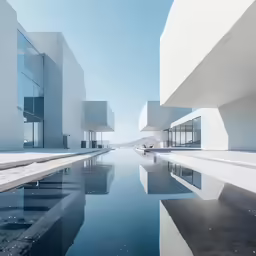 the water was clear in this building and reflecting the sky